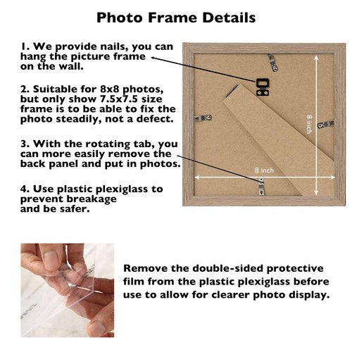 JCJMY 8x8 Picture Frame for Wall Hanging or Tabletop, Wall Mounting Horizontally or Vertically, 8 x 8 Square Wall Gallery Poster Photo Frame with Durable Shatter Resistant Plexiglass, Rustic Brown