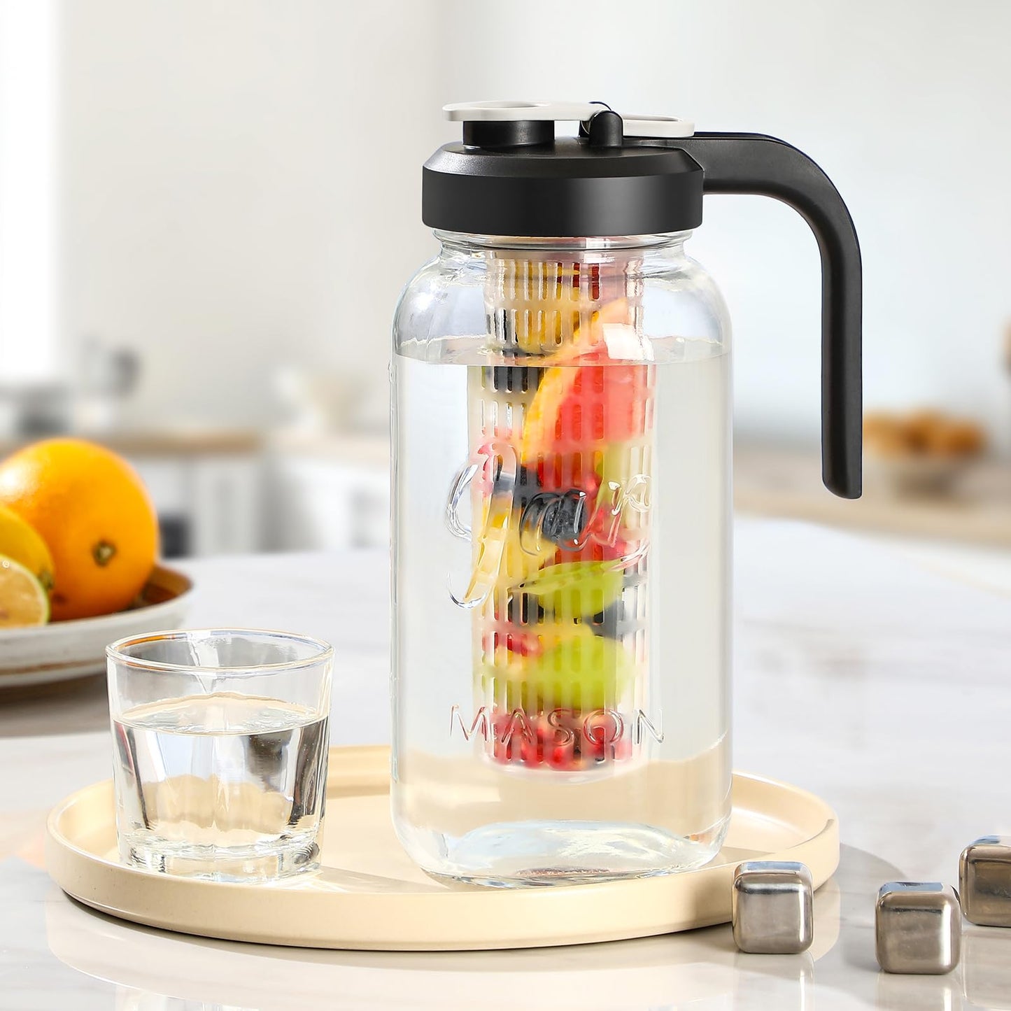 Mason Jar Fruit Infuser Water Pitcher, Glass Pitcher with Filter Lid, Wide Mouth Jar Leak-proof Water Pitcher, Heavy Duty Glass Jar - 2 Quart