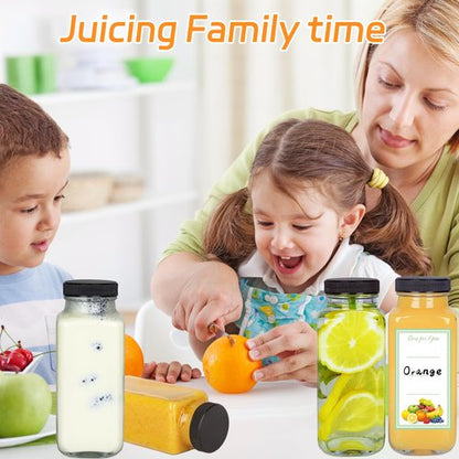 Dayify 12 Pack 8oz Glass Juice Bottles with Lids, 250ml Reusable Glass Juicing Bottles, Square Drinking Jars Drink Containers with Caps for Water, Milk, Ginger, Kombucha, Beverages