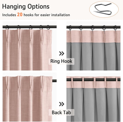 Skiennix 100% Blackout Curtains - Faux Linen Pinch Pleated Drapes, 96" Long, Blush Pink, 2 Panels Set