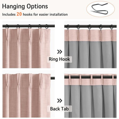100% Blackout Shield Linen Look Textured Pinch Pleated Curtains Blackout Drapes 96 Inch Long 2 Panels Set, Faux Linen Blackout Curtains for Bedroom & Living Room, 40" W x 96" L, Blush Pink