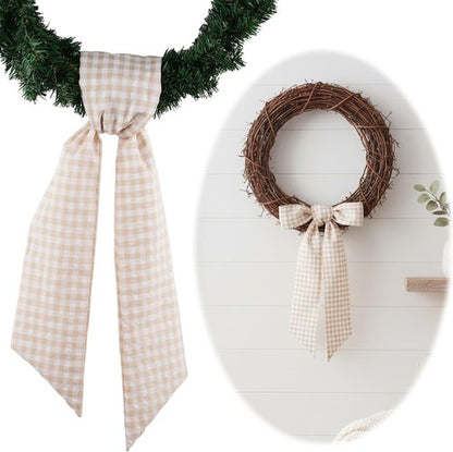 Khaki White Checkered Plaid Bow Ribbon Wreath Sash by [Brand Name] - Rustic Holiday Decor (5.12" x 54.33")