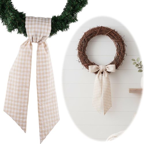 Khaki White Checkered Plaid Bow Ribbon Wreath Sash by [Brand Name] - Rustic Holiday Decor (5.12" x 54.33")