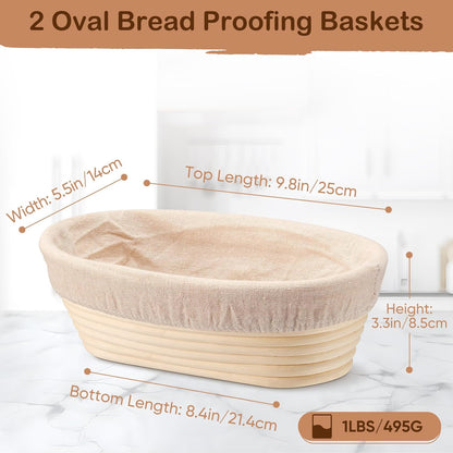 TeamFar Sourdough Bread Proofing Basket Set - 10 Inch Oval Baskets with Liner for Perfect Dough Fermentation
