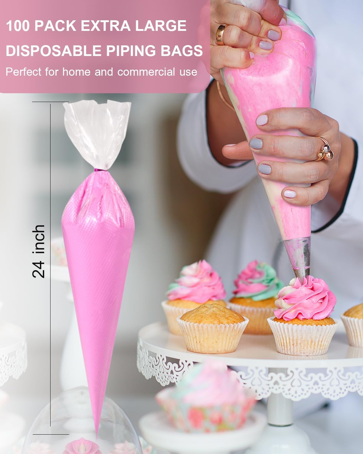 Skiennix 24-Inch Extra Large Disposable Piping Bags - 100 Thickened Tipless Frosting Bags for Cake & Cookie Decoration