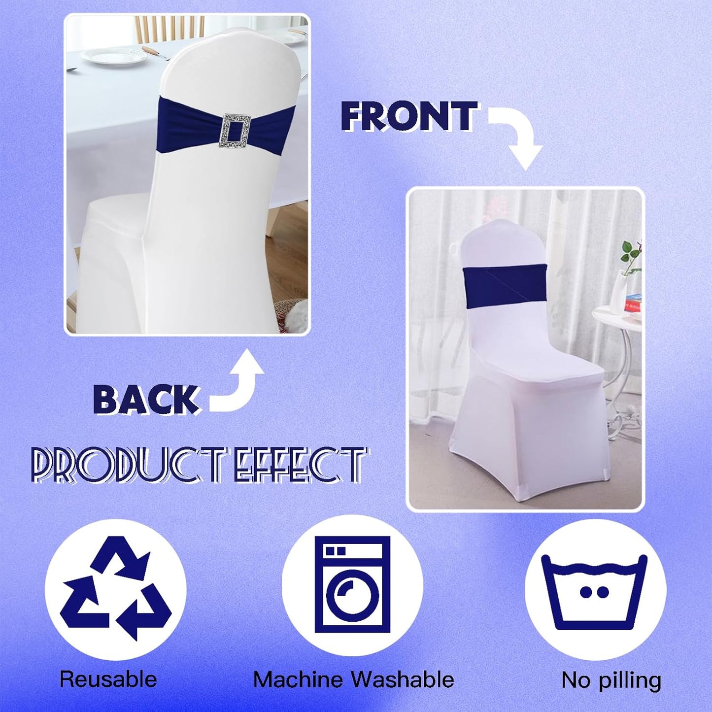 Skiennix 100 Pack Spandex Stretch Chair Sashes - Elastic Covers with Buckle Slider for Weddings & Events | Navy Blue