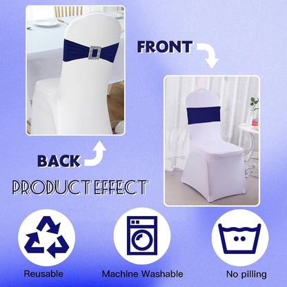 Skiennix 100 Pack Spandex Stretch Chair Sashes - Elastic Covers with Buckle Slider for Weddings & Events | Navy Blue