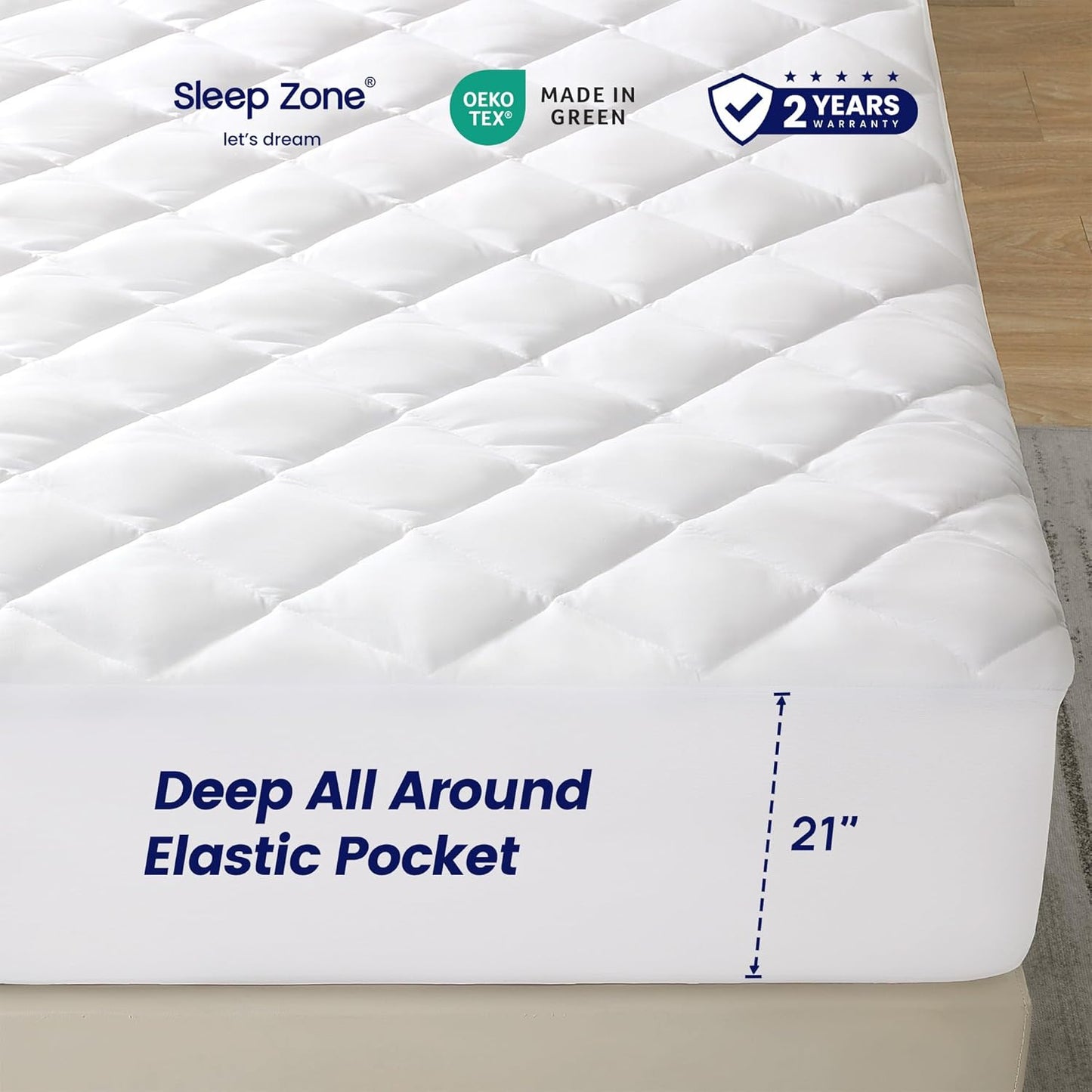 Sleep Zone Mattress Cover - Queen Size Quilted Fitted Protector | Deep Pocket Stretches Up to 21 Inches, Breathable Topper (White, 60x80)