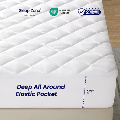 Sleep Zone Mattress Cover - Queen Size Quilted Fitted Protector | Deep Pocket Stretches Up to 21 Inches, Breathable Topper (White, 60x80)