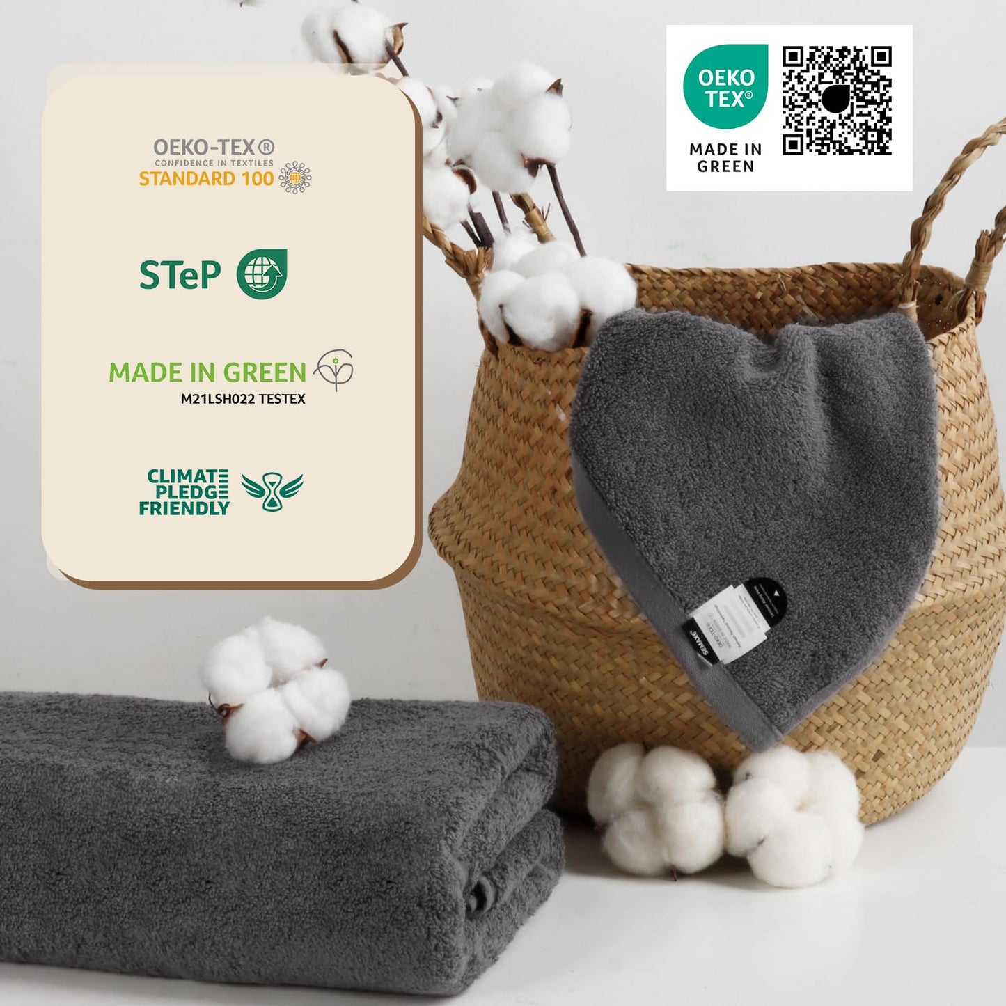 SEMAXE 4 Piece Grey Bath Towel Set for Bathroom, 100% Cotton Bath Towels with Hanging Loop, 55 x 27 Inch, Soft Absorbent & Quick Dry, for Home
