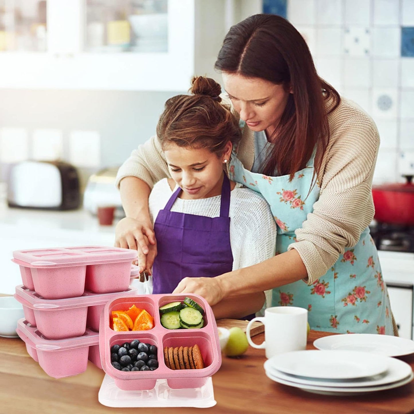 visdron Snack Box Container, Reusable Bento Snack Box with 4 Compartments, 1PC Portable Meal Prep Lunch Containers Divided Food Storage Containers for Kids & Adults (Pink)