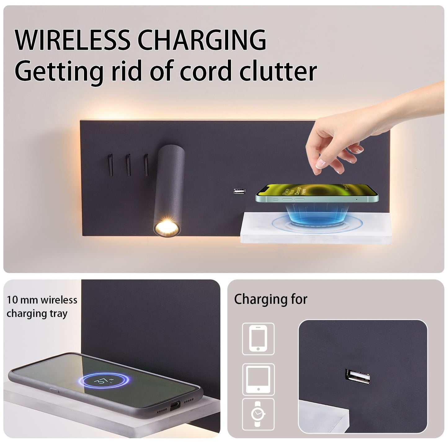 Reading Light Wall Mounted with Wireless Charger & USB Port, LED Book Light for Reading in Bed, Plug in Wall Light for Bedroom, 10W Background Light and 3W Spotlight 3000K Bedside Lamps