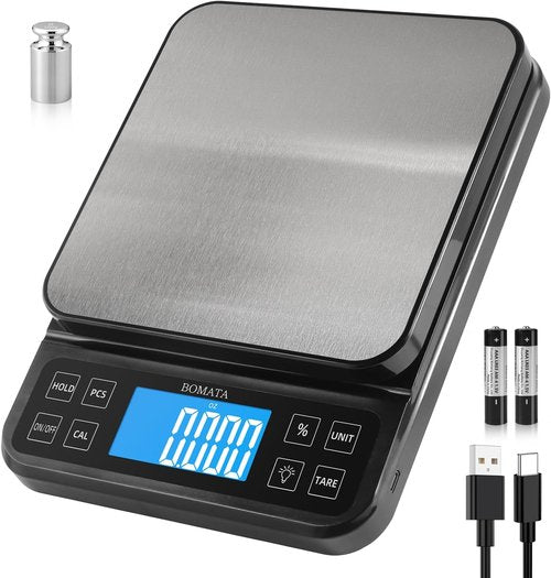 BOMATA Large Kitchen Scale - High Precision 0.1g/0.001oz | USB Rechargeable, Stainless Steel, 5kg/11lb Capacity