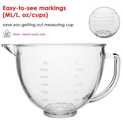 FIRJOY Glass Mixing Bowl 5 QT for KitchenAid 4.5 and 5 Quart Tilt-Head Stand Mixers