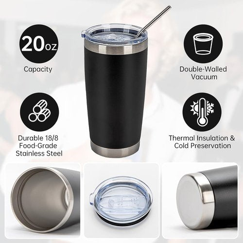 IEOVIEE 20oz Stainless Steel Tumblers - 32 Pack Double Wall Insulated Travel Mugs with Lids & Straws | Black