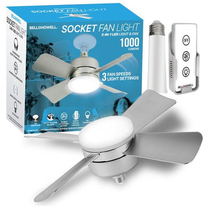 Bell+Howell Socket Breeze Cool Light Deluxe Silver – Ceiling Fans with LED Lights and Remote Control, Replacement for Lightbulb - Bedroom, Kitchen, Living Room,1000 Lumens / 5000 Kelvins