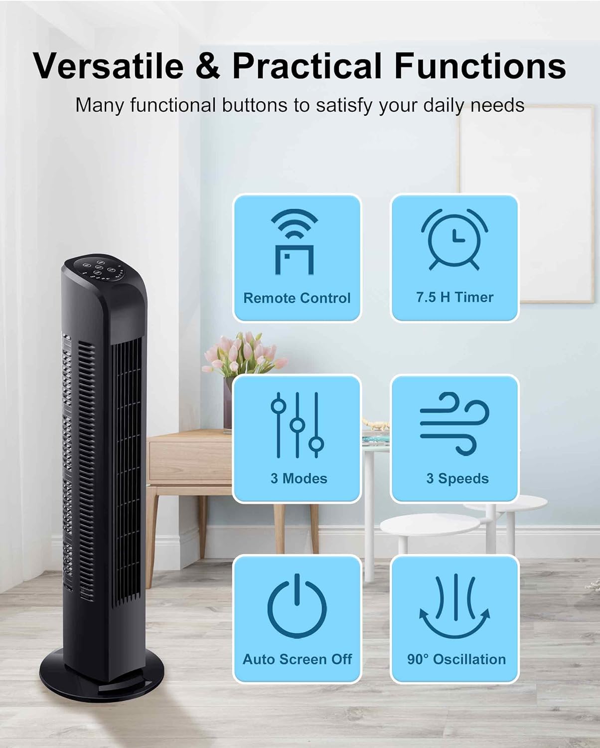 Uthfy Oscillating Tower Fan - Quiet Bladeless Design with Remote Control | 30-Inch Black Floor Fan for Home & Office