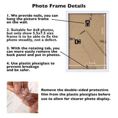JCJMY 6x8 Picture Frame White for Wall Hanging or Tabletop, Wall Mounting Horizontally or Vertically, 6 x 8 Wall Gallery Poster Photo Frame with Shatter Resistant Plexiglass, White
