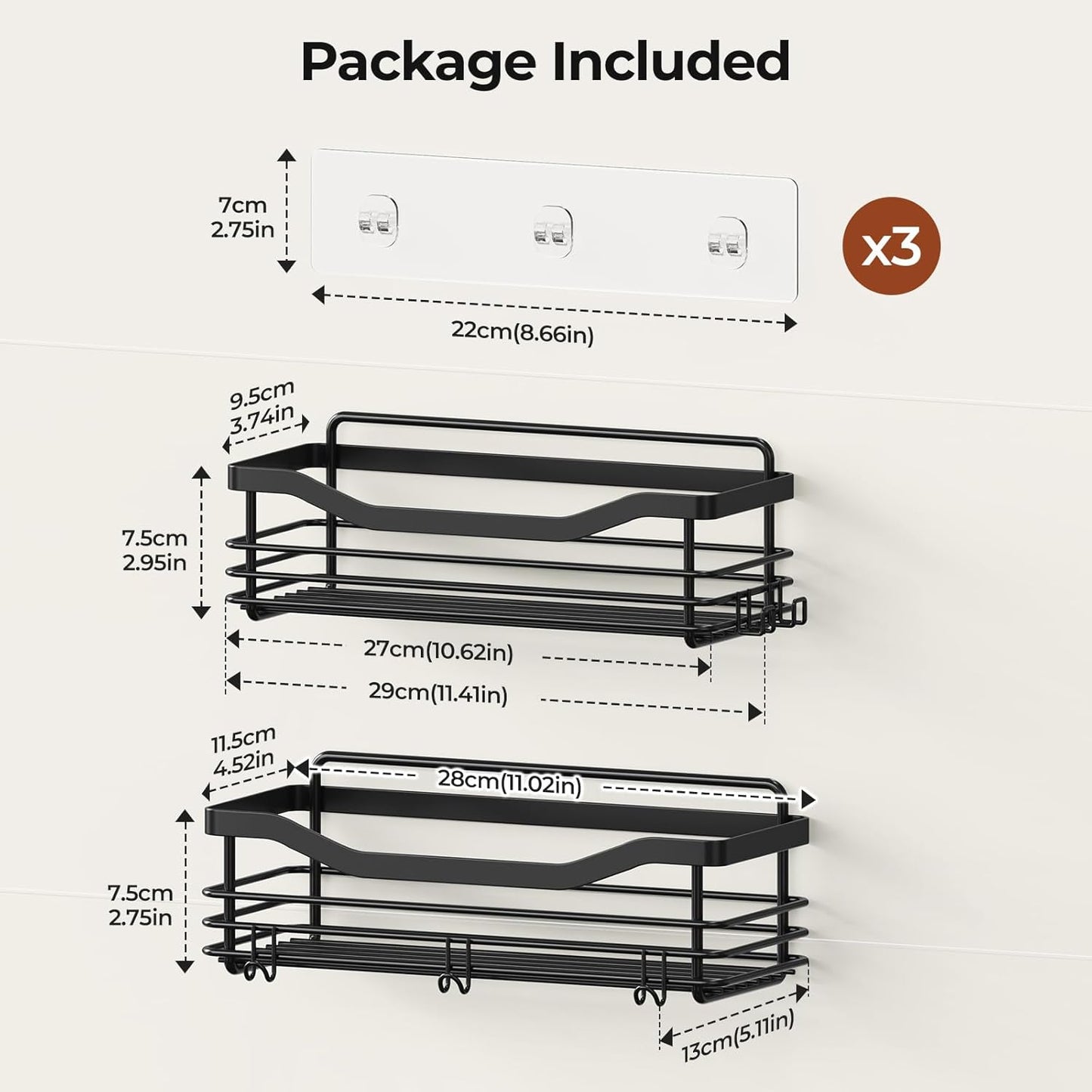 Orimade Shower Caddy - Wall Mounted Rust Resistant Stainless Steel Organizer | 2 Pack, Black with 5 Hooks