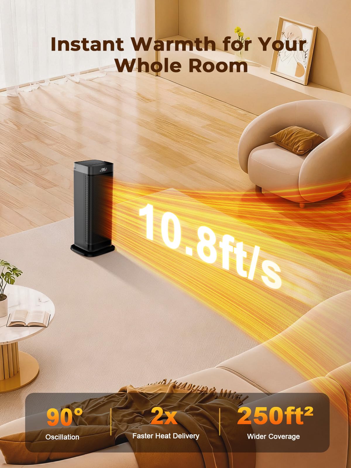 Space Heaters for Indoor Use, 1500W Portable Heater with Remote and Thermostat, 90° Oscillation, 4 Modes, 12H Timer, Overheating & Tip-Over Protection, Quiet Electric Heaters for Home, Office, Bedroom