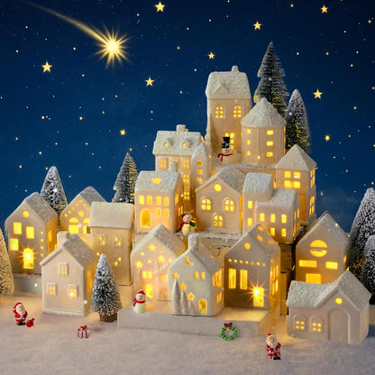 Vinsot 34 Pcs LED Christmas Village Set - Light Up Houses, Snowman & Santa Figurines, Trees & Lamp Post Decor