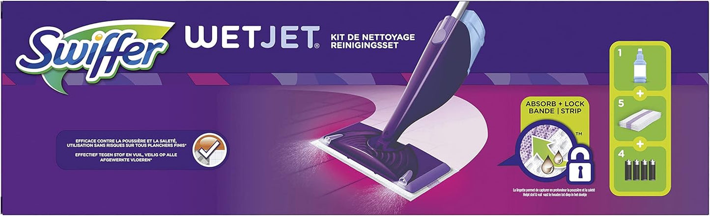 Swiffer WetJet Floor Spray Mop Starter Kit - Includes 1 Mop, 5 Pads, 1 Solution & 4 Batteries