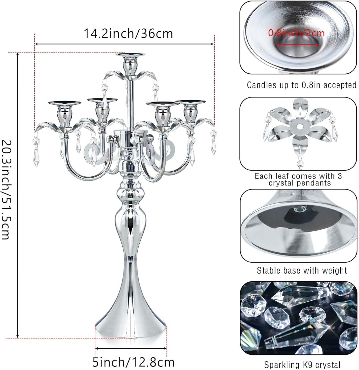Skiennix 5-Arm Candle Holder - 20.3'' Tall Metal Candelabra for Elegant Home & Wedding Decor | Silver