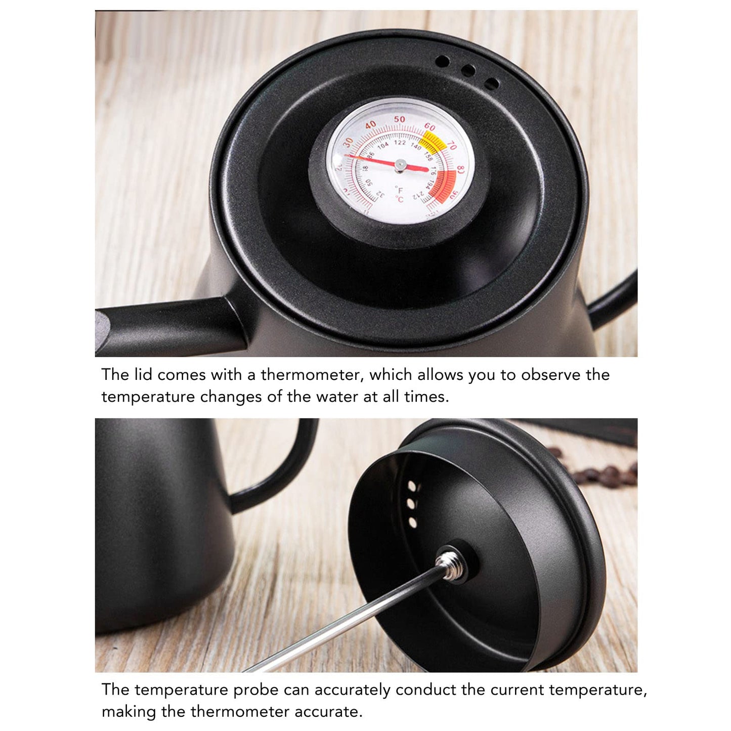 Pour over Coffee Kettle, Tea Kettle with Thermometer Stovetop Gooseneck Kettle Induction Stainless Steel Gooseneck Kettle Coffee Pot with Wood Handle 850ml