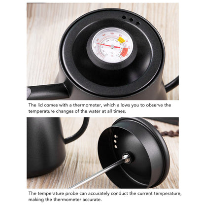 Pour over Coffee Kettle, Tea Kettle with Thermometer Stovetop Gooseneck Kettle Induction Stainless Steel Gooseneck Kettle Coffee Pot with Wood Handle 850ml