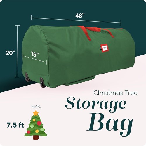 Handy Laundry Christmas Tree Storage Bag with Wheels - Heavy Duty 7.5 ft Capacity, Durable Green Zippered Container for Ornaments & Decorations