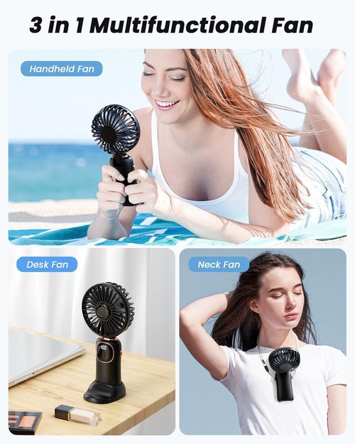 coldSky Portable Handheld Fan - 3-in-1 Multifunctional Travel Fan with 4000mAh Battery | Black, 5 Speed Settings