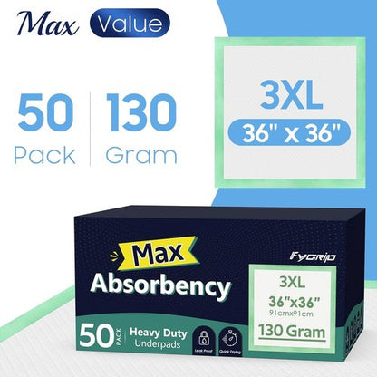 Fygrip Disposable Underpads - Hospital Grade, Max Absorbency, 36” x 36” | 50 Count Leakproof Bed Pads for Adults, Kids, Pets