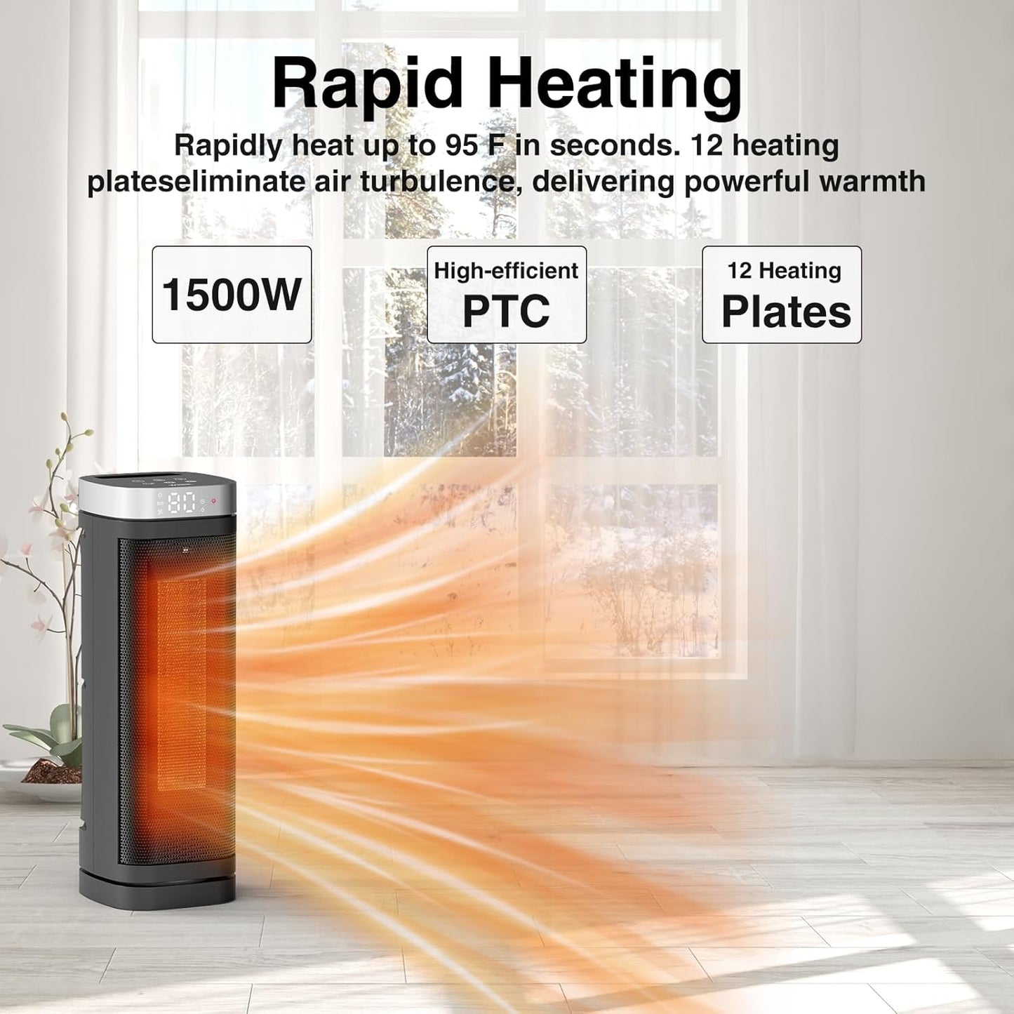 WINHL Electric Space Heater - 1500W PTC Ceramic with Thermostat, Remote, 70° Oscillation & 12H Timer | Indoor Use