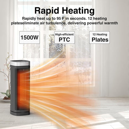 WINHL Electric Space Heater - 1500W PTC Ceramic with Thermostat, Remote, 70° Oscillation & 12H Timer | Indoor Use