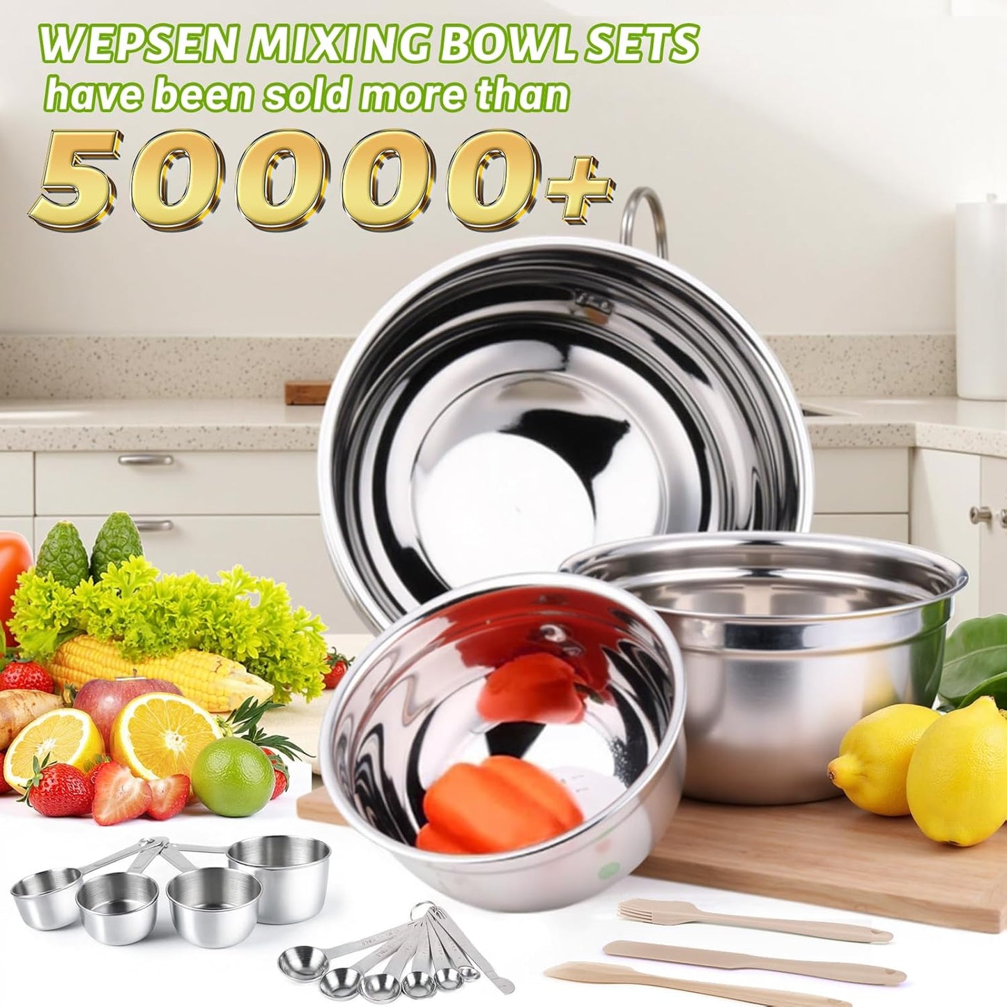 WEPSEN Mixing Bowls Set - 25PCS Khaki Stainless Steel Bowls With Lids | Large 7QT to 1.5QT Sizes for Cooking & Serving