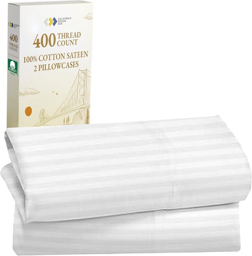 California Design Den King Size Pillowcase Set - 400 Thread Count 100% Cotton Sateen - Soft Striped Bright White, Set of 2