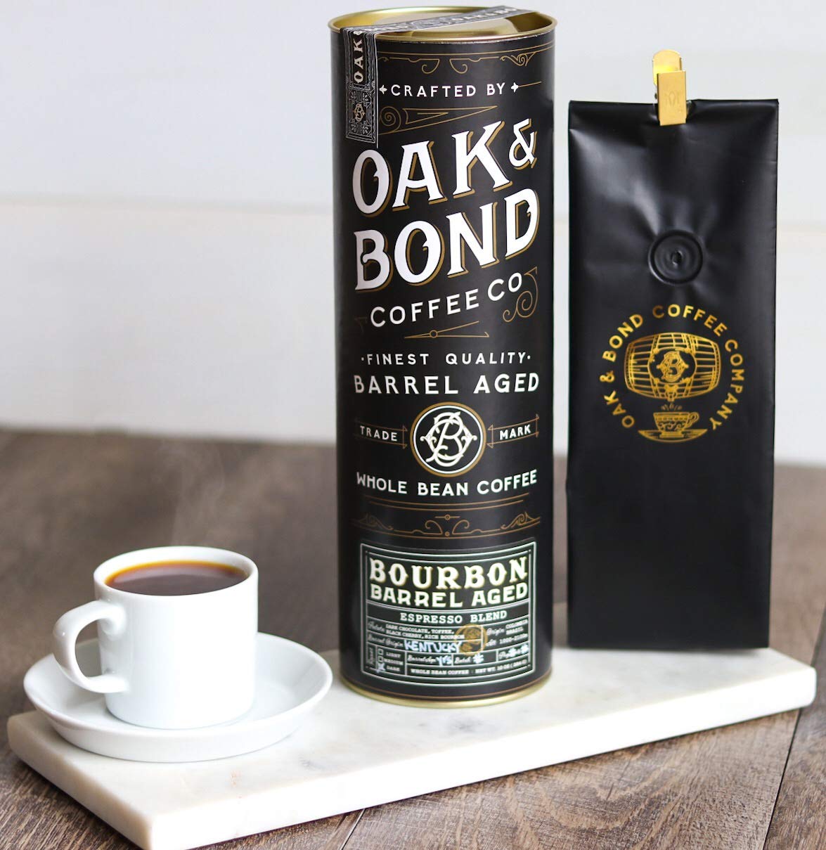 Espresso Bourbon Barrel Aged Coffee, Colombia & Brazil Blend, Whole Bean Arabica, Dark Roast w/ Chocolate, Black Cherry, Toffee, Rich Kentucky Bourbon & Oak Flavors by Oak & Bond Coffee Co. – 10oz.