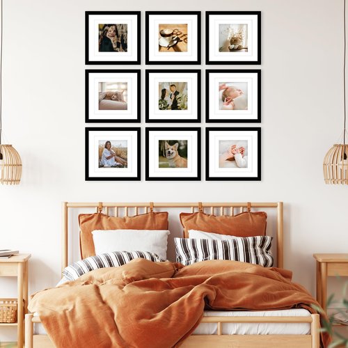 JCJMY 9 Pack 12x12 Picture Frame Gallery Wall Frame Set for 8x8 or 10x10 with 2 Mats or 12x12 Without Mat, Square Collage Wall Decor Photo Frames Bulk Set of 9 for Wall Hanging, Black