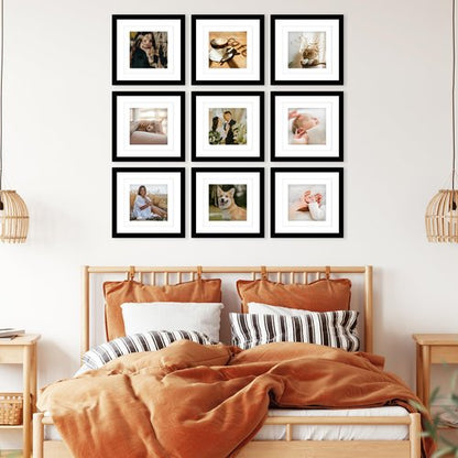 JCJMY 9 Pack 12x12 Picture Frame Gallery Wall Frame Set for 8x8 or 10x10 with 2 Mats or 12x12 Without Mat, Square Collage Wall Decor Photo Frames Bulk Set of 9 for Wall Hanging, Black