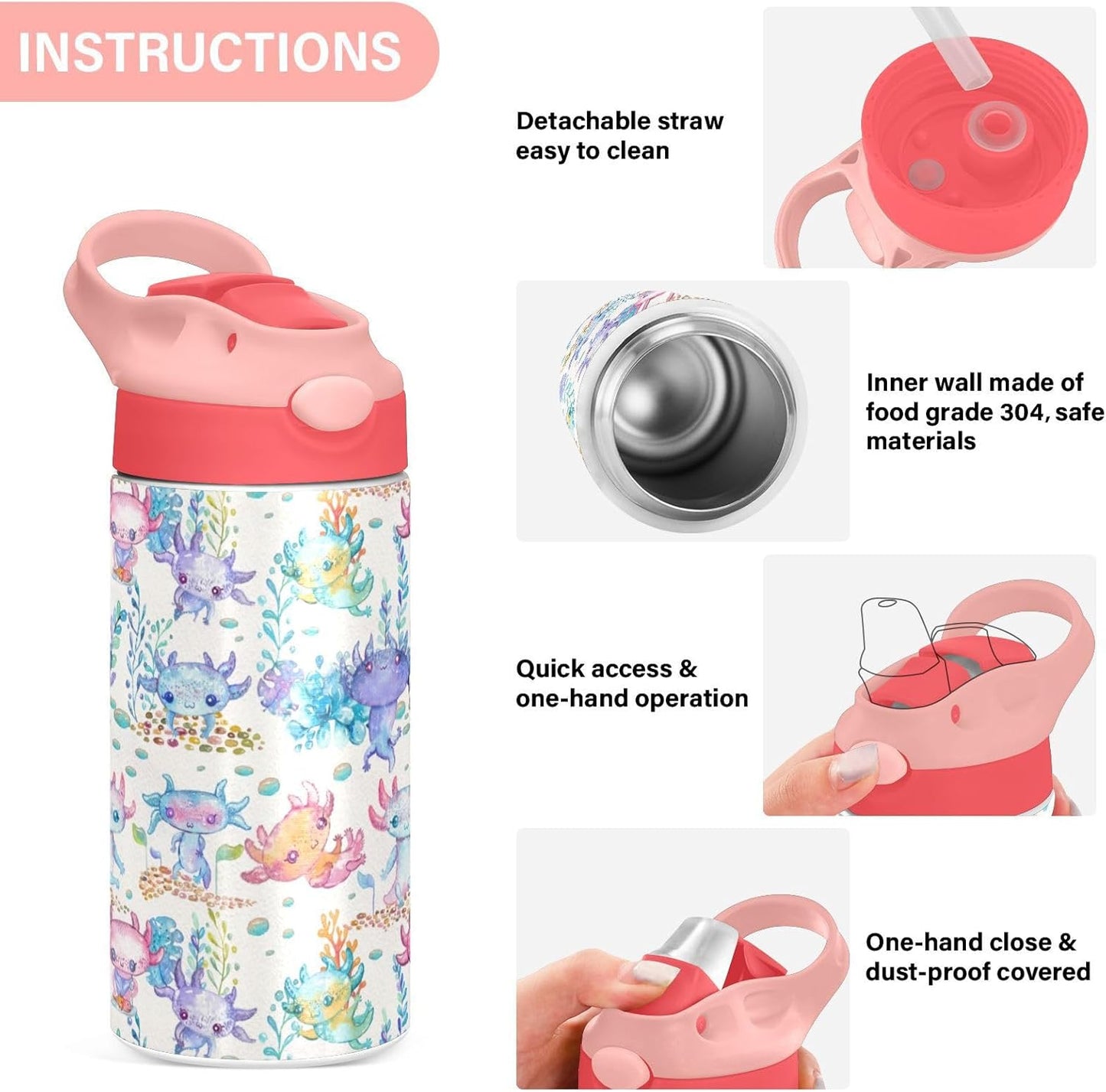 Skiennix Cute Axolotl Stainless Steel Water Bottle - 12 Oz Vacuum Insulated for Kids & Girls