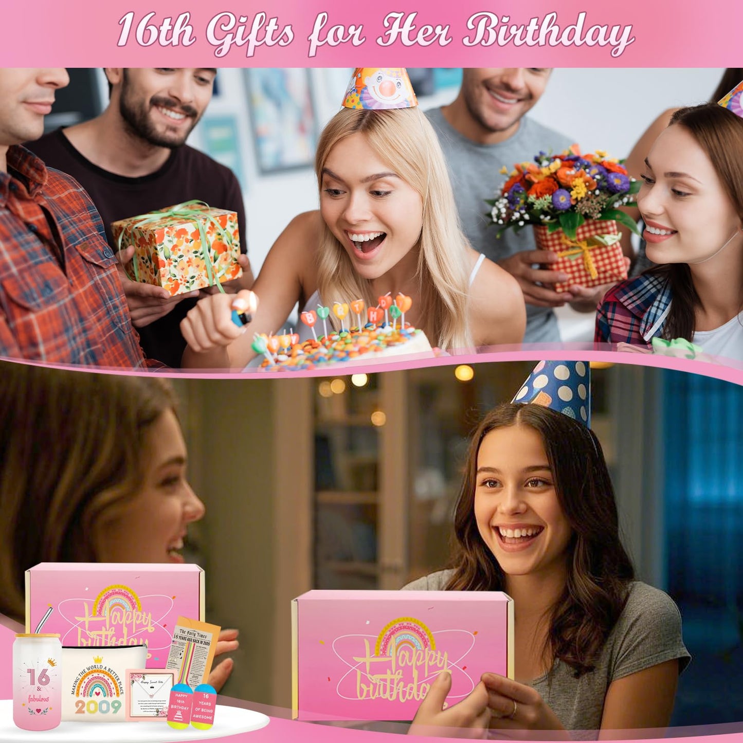 Sweet 16th Birthday Gifts for Girls, Cool 16 Year Old Girl Gift Ideas for Her Granddaughter Daughter Niece Teens, Happy 2009 Sixteen Decorations Presents Basket Glass Cup Sock Makeup Bag Necklace