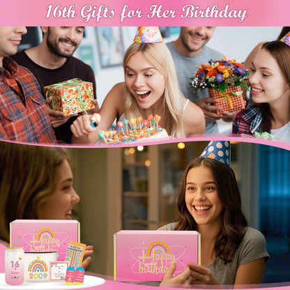 Sweet 16th Birthday Gifts for Girls, Cool 16 Year Old Girl Gift Ideas for Her Granddaughter Daughter Niece Teens, Happy 2009 Sixteen Decorations Presents Basket Glass Cup Sock Makeup Bag Necklace