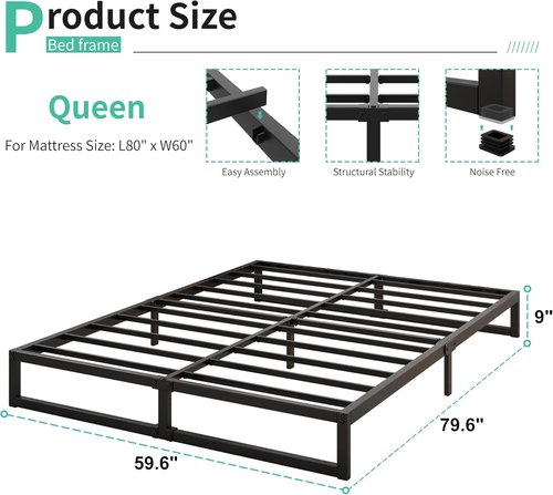 Lutown Teen Queen Size Bed Frame - Heavy Duty Metal Platform with Steel Slat Support | Easy Assembly, Black