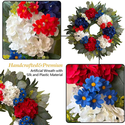 WANNA-CUL 24-Inch Patriotic Hydrangea Wreath - Red, White & Blue 4th of July Door Decor