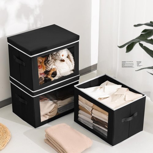 Homsorout Storage Bins - 3 Pack Large Fabric Organizing Cubes with Lids & Handles | Black