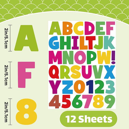 Colorful 2 Inch Large Letter Stickers Set 444PCS - 12 Sheets, Self-Adhesive BULLETIN BOARD Letters & Numbers (Variation: Colorful+12+2 Inch)