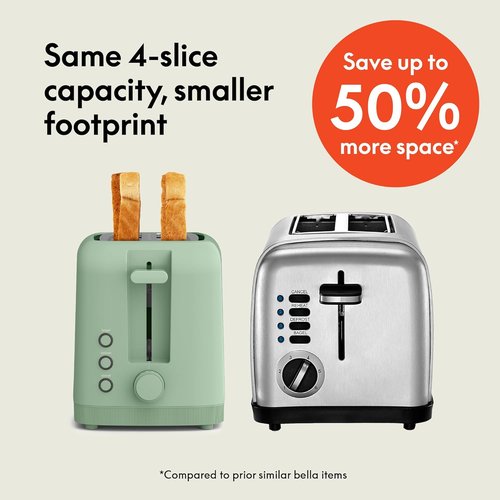 Bella 4-Slice Slim Toaster - 10” Long Slot with 6 Shade Settings, Reheat & Cancel Functions | Seaglass Color