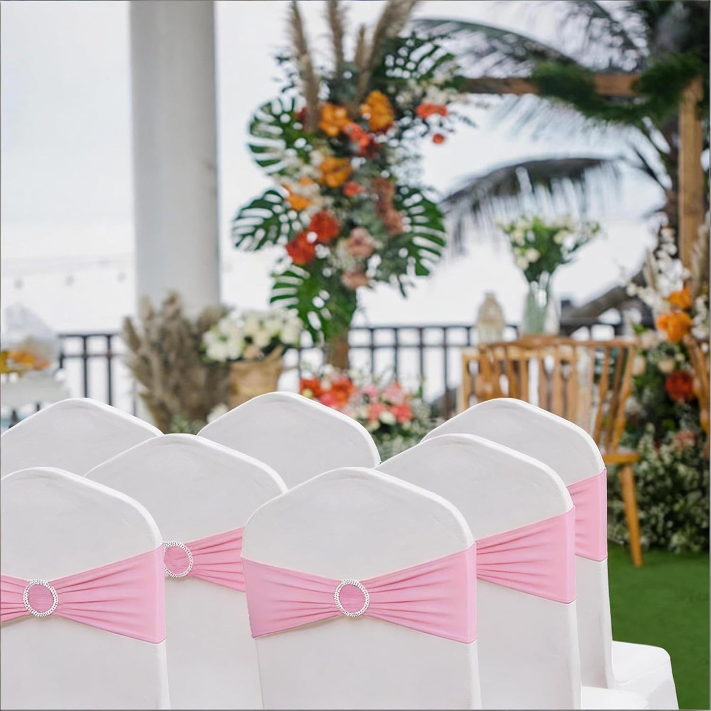Skiennix Spandex Pink Chair Sashes - Pack of 50 Elastic Bows for Weddings & Events