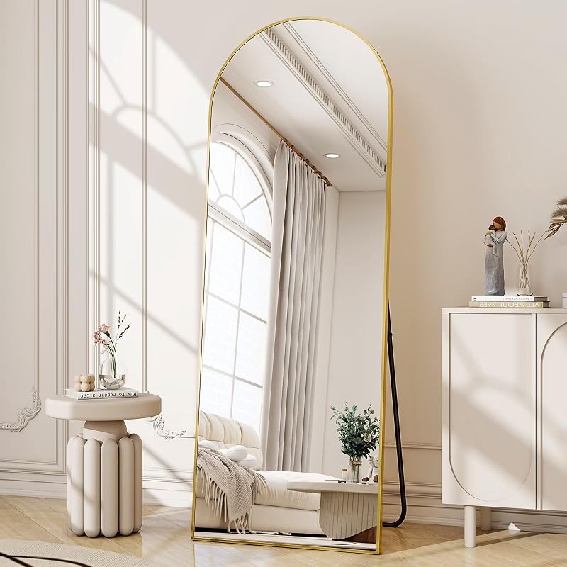 Arched Full-Length Floor Mirror with Gold Aluminum Frame — 59x16in, Free-Standing
