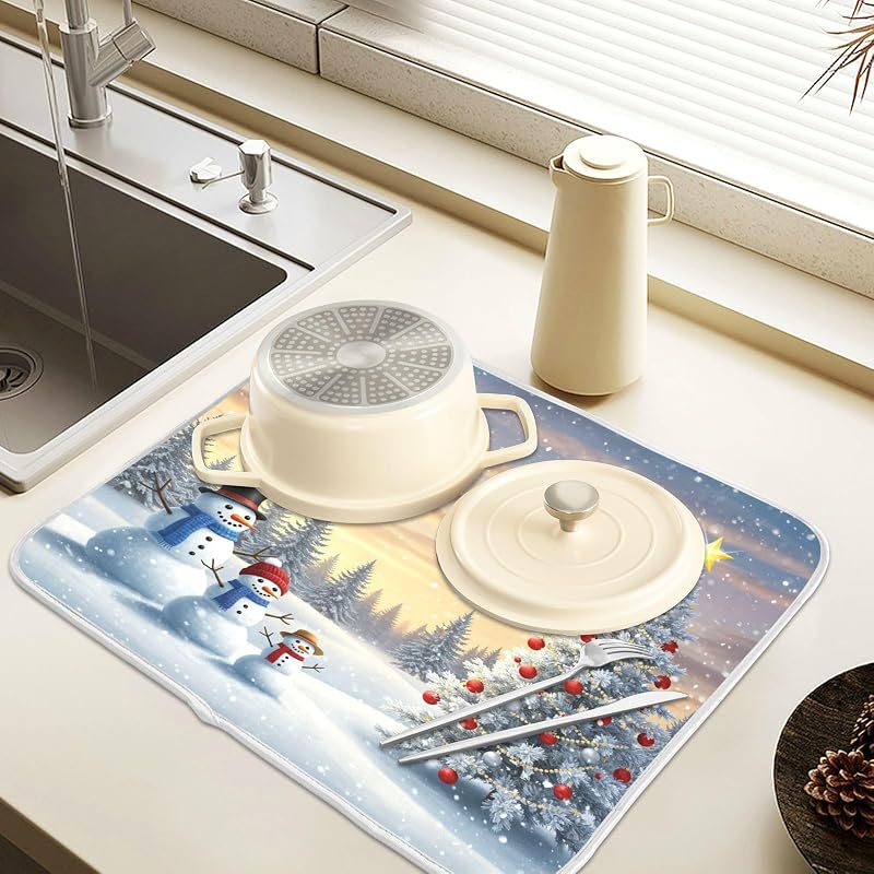 Christmas Tree and Snowman Dish Drying Mat - 18 x 16 Inch, Absorbent Microfiber Pad